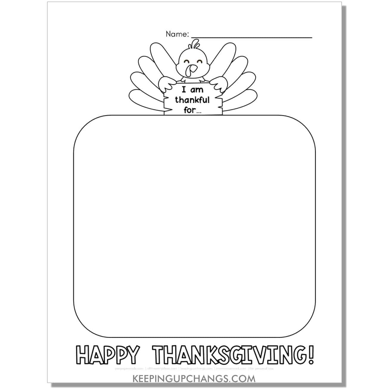 i am thankful for thanksgiving turkey template worksheet with large drawing box.