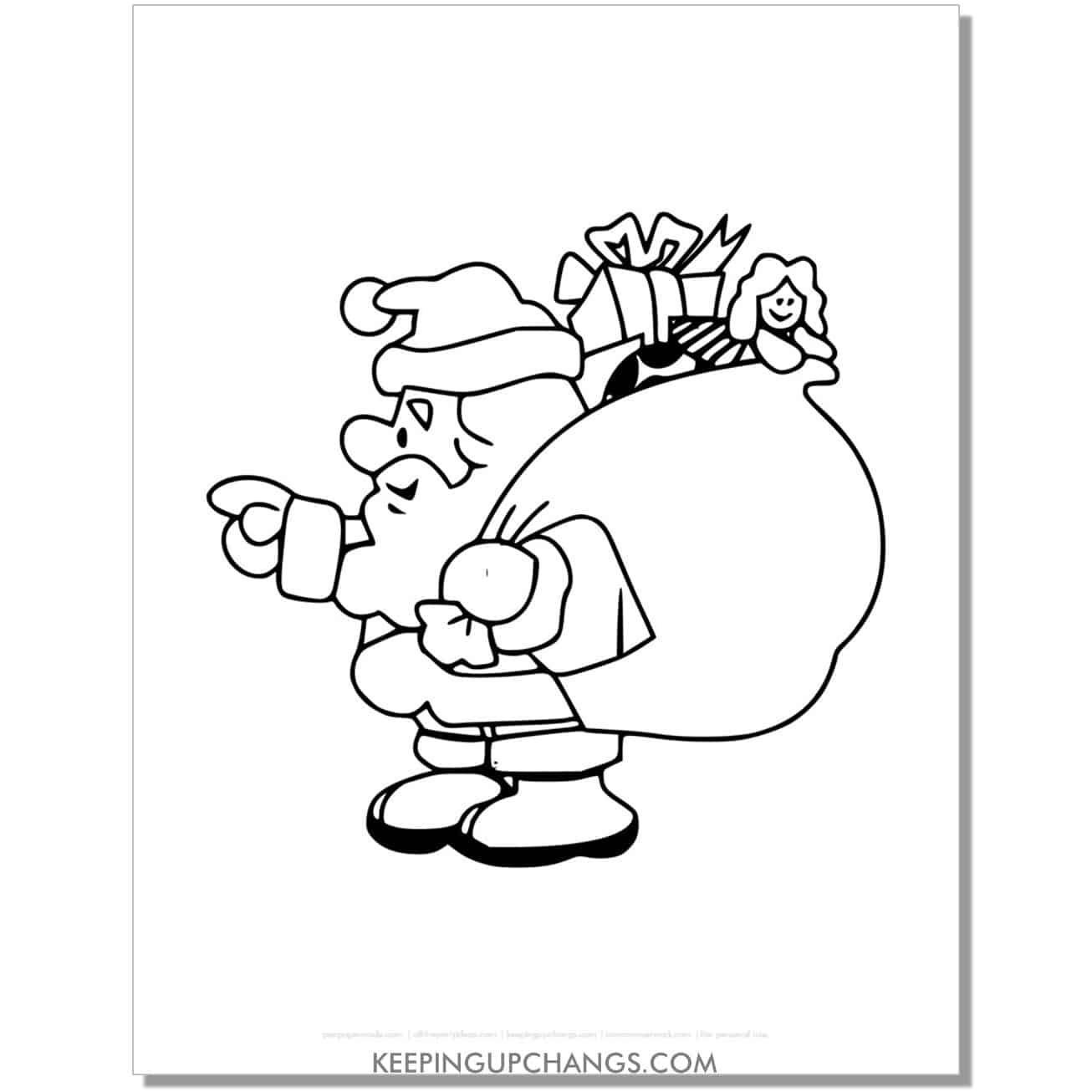 free santa with sack of toys outline, template, cut out, coloring page.
