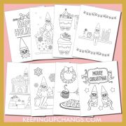 free elf on the shelf colouring sheets including cute, easy boy, girl christmas characters with snowflakes, trees and more.