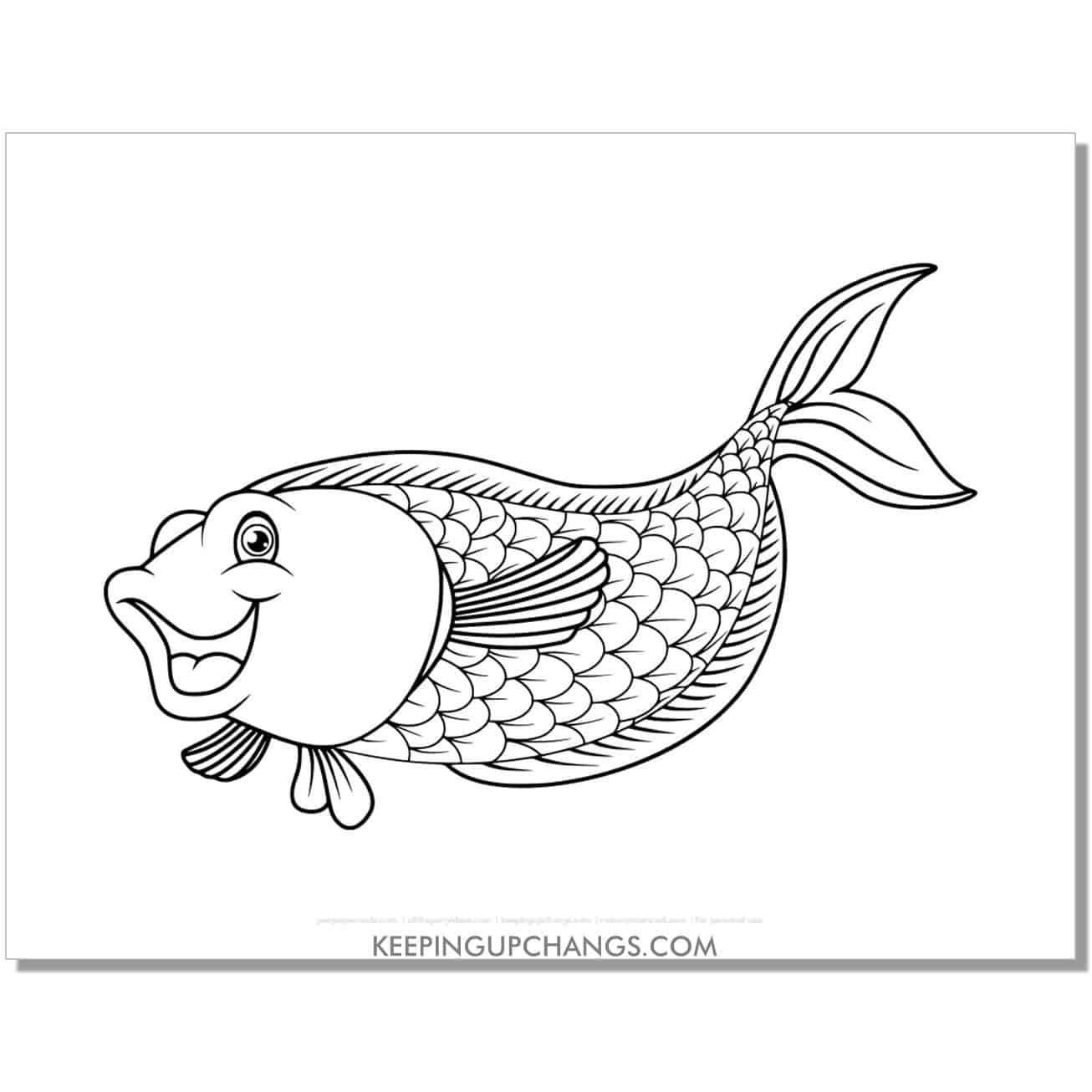 free happy fish coloring page, sheet.