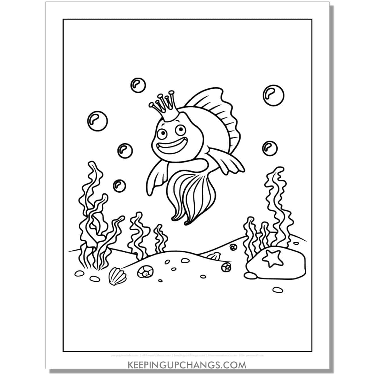 free goldfish king full size coloring page, sheet.