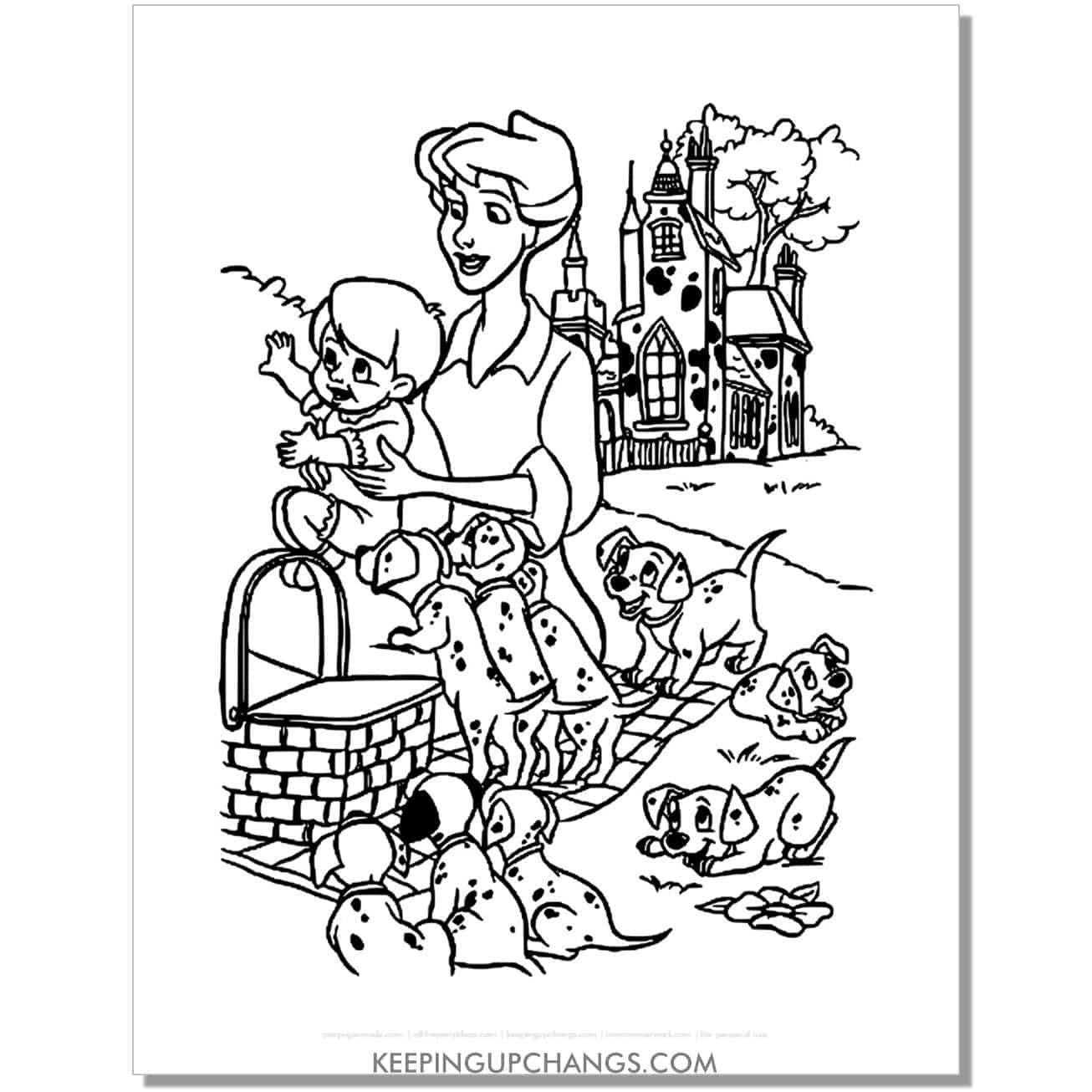 free anita radcliffe taking son out on picnic with 101 dalmations coloring page, sheet.
