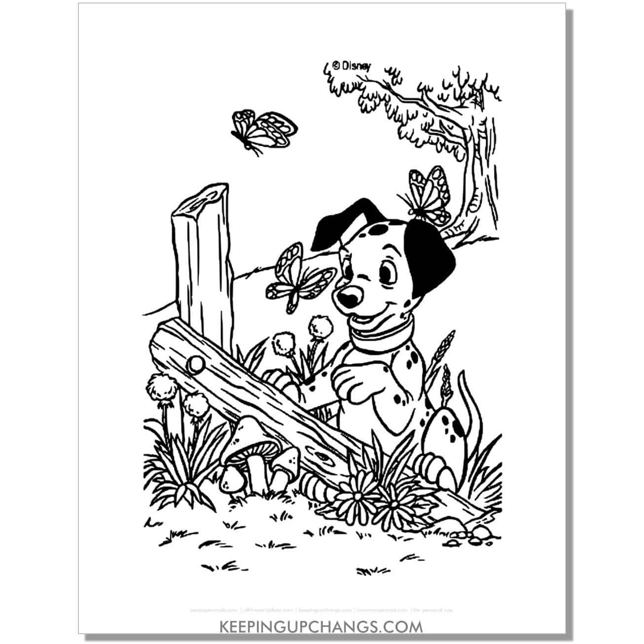 free lucky playing with butterfly in a field 101 dalmations coloring page, sheet.