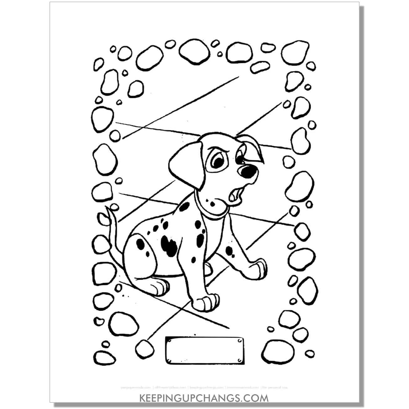 free rolly barking 101 dalmations coloring page, sheet.