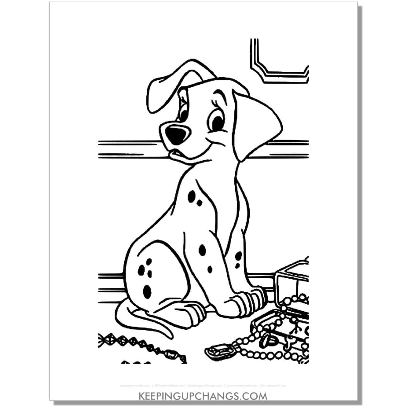 free penny playing in jewelry 101 dalmations coloring page, sheet.