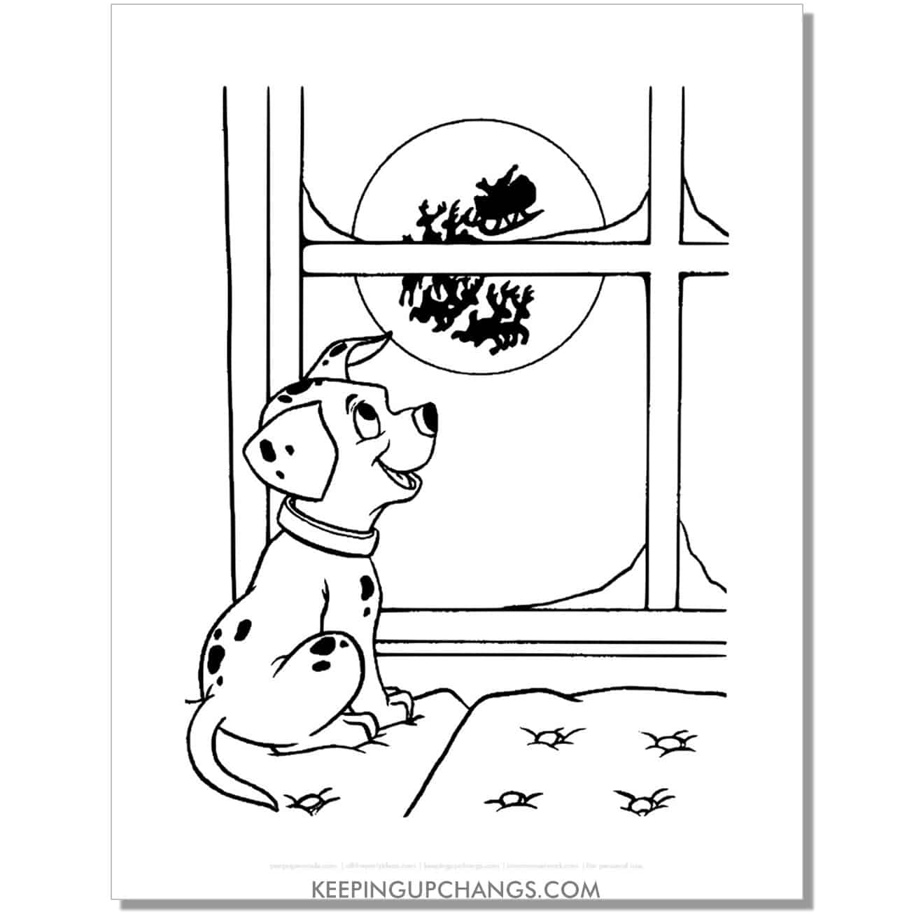 free pepper watching santa and reindeer at christmas 101 dalmations coloring page, sheet.