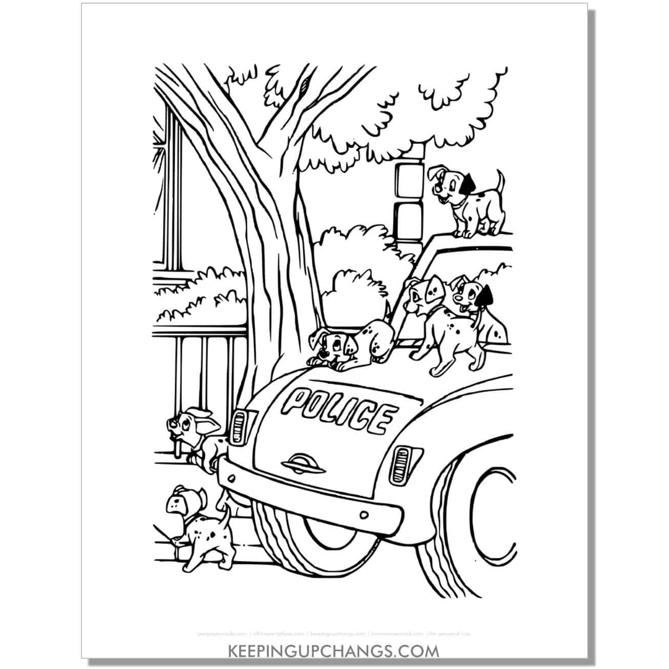 free pups playing on police car hood 101 dalmations coloring page, sheet.