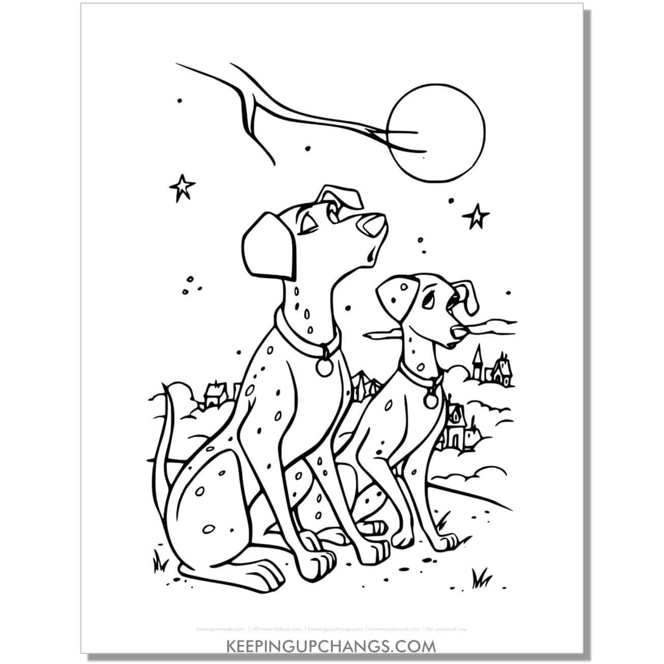 free pongo howling with perdita at night 101 dalmations coloring page, sheet.