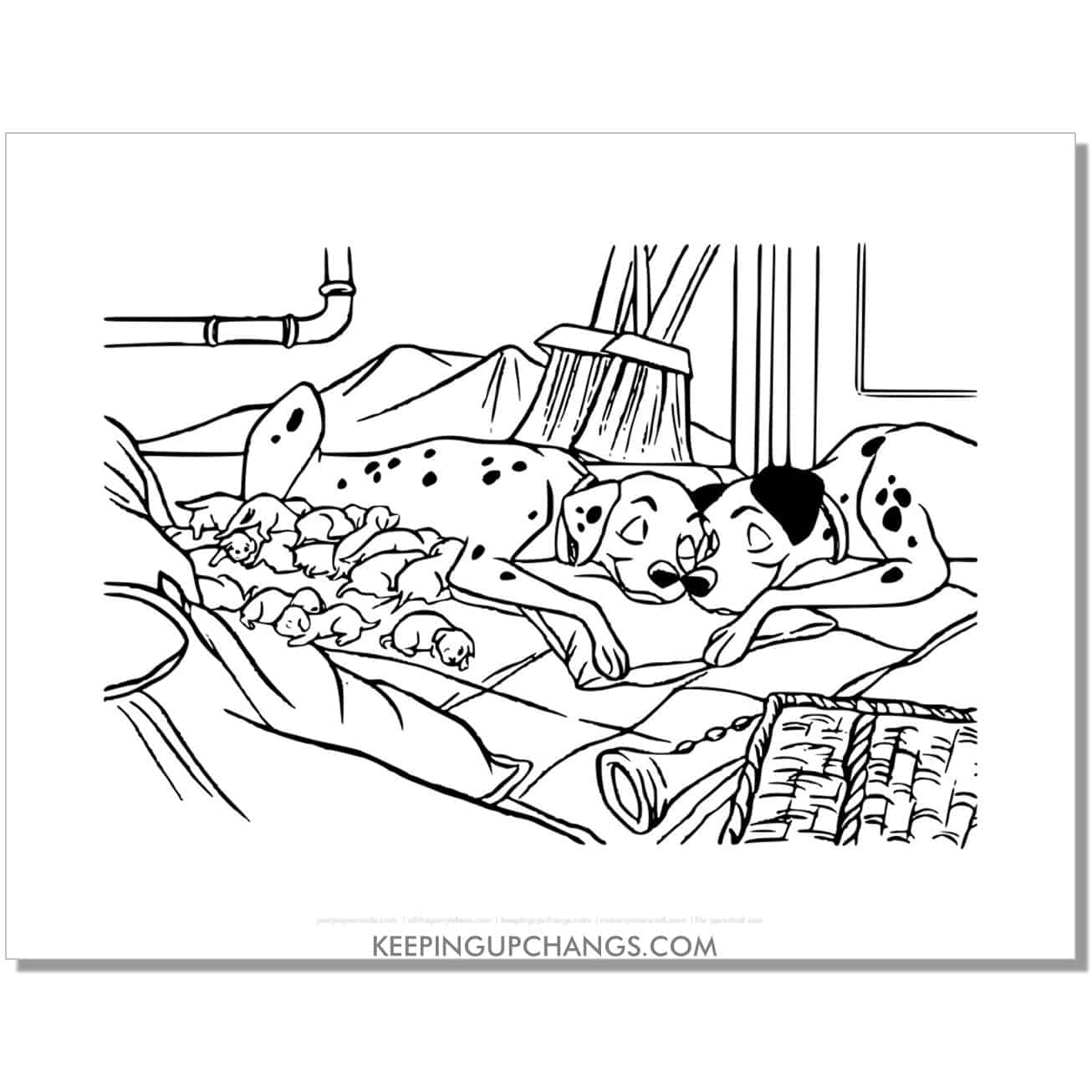free pongo and perdita sleeping with puppies 101 dalmations coloring page, sheet.