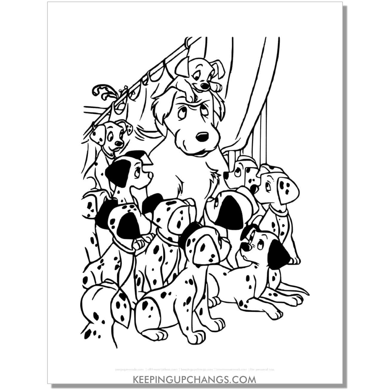free pups sitting on colonel's head 101 dalmations coloring page, sheet.