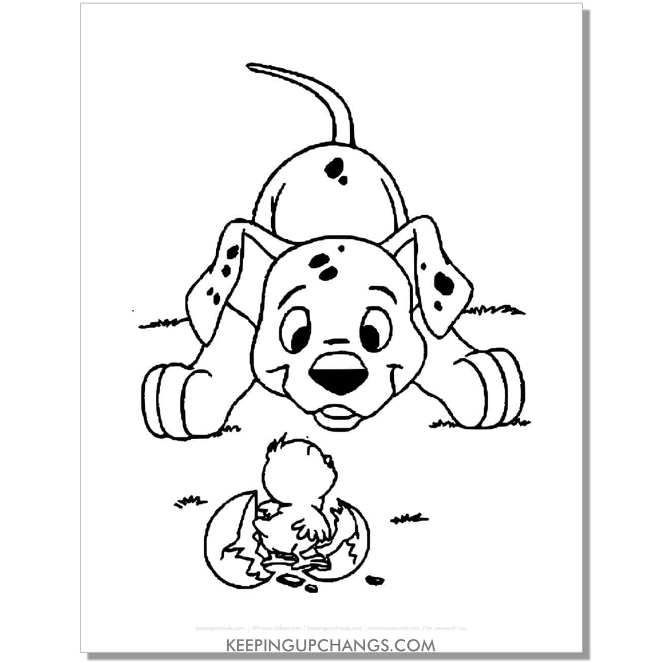 free rolly watching baby chick hatching from egg 101 dalmations coloring page, sheet.
