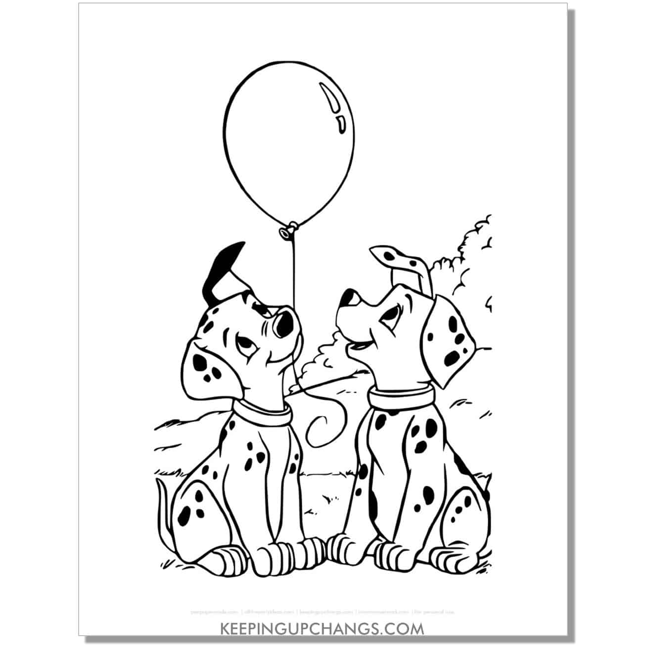 free rolly and penny playing with balloon 101 dalmations coloring page, sheet.