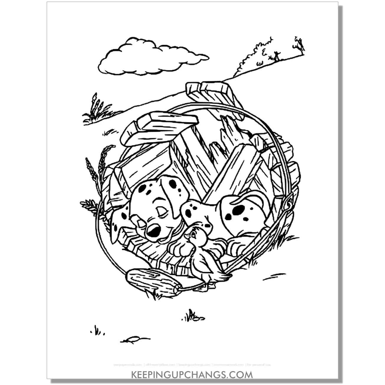 free rolly sleeping in broken barrel 101 dalmations coloring page, sheet.