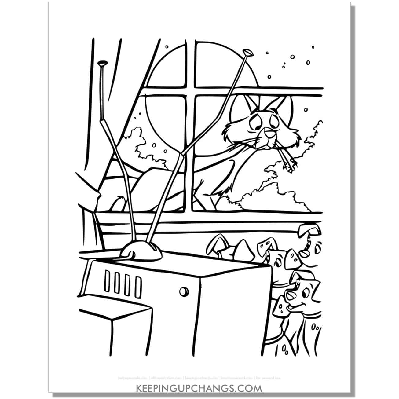 free sargeant tibbs the cat looking at 101 dalmations coloring page, sheet.