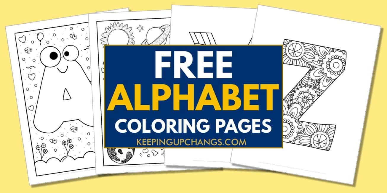 spread of a to z alphabet coloring pages, sheets in different designs.