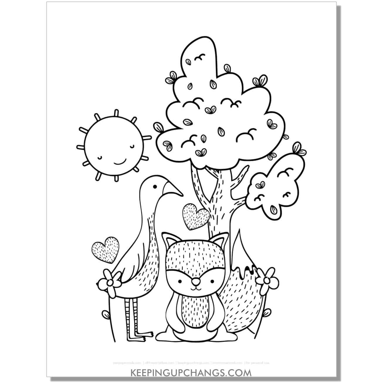 free cute goose and squirrel coloring page, sheet.