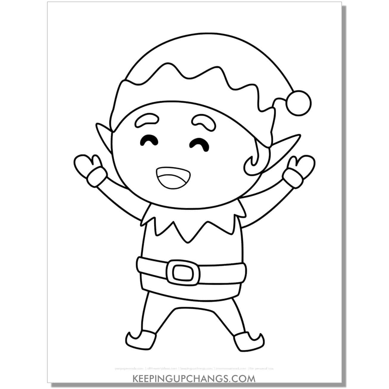 free happy, cute christmas elf coloring page.