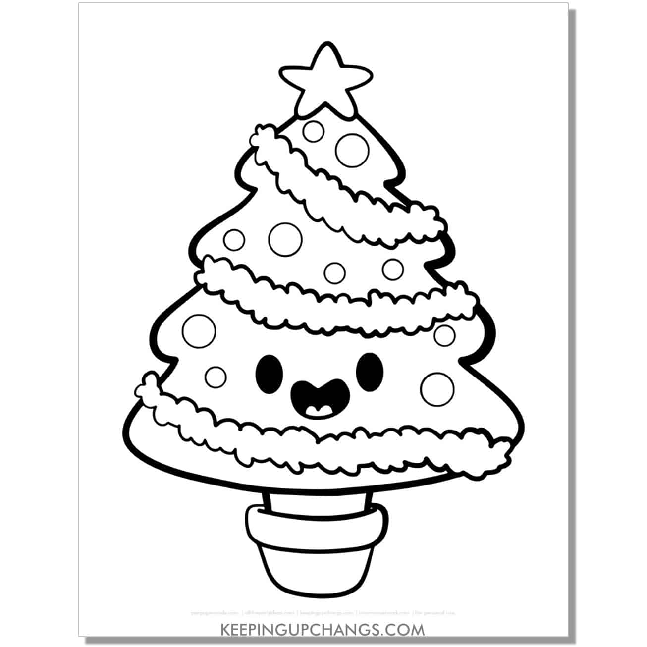 free cute emoji face christmas tree coloring page.