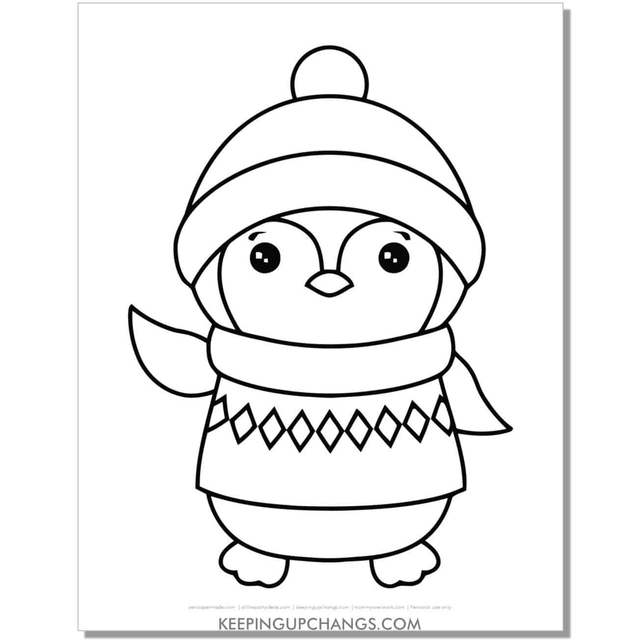 free kawaii winter penguin with christmas sweater coloring page.