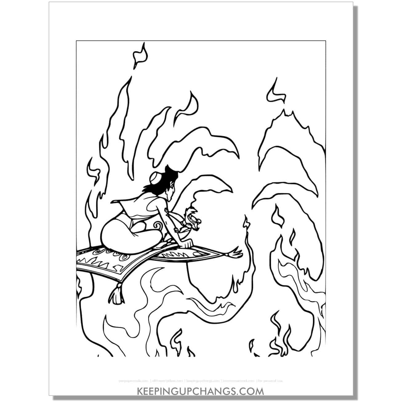 aladdin abu trying to make it through fire coloring page, sheet.