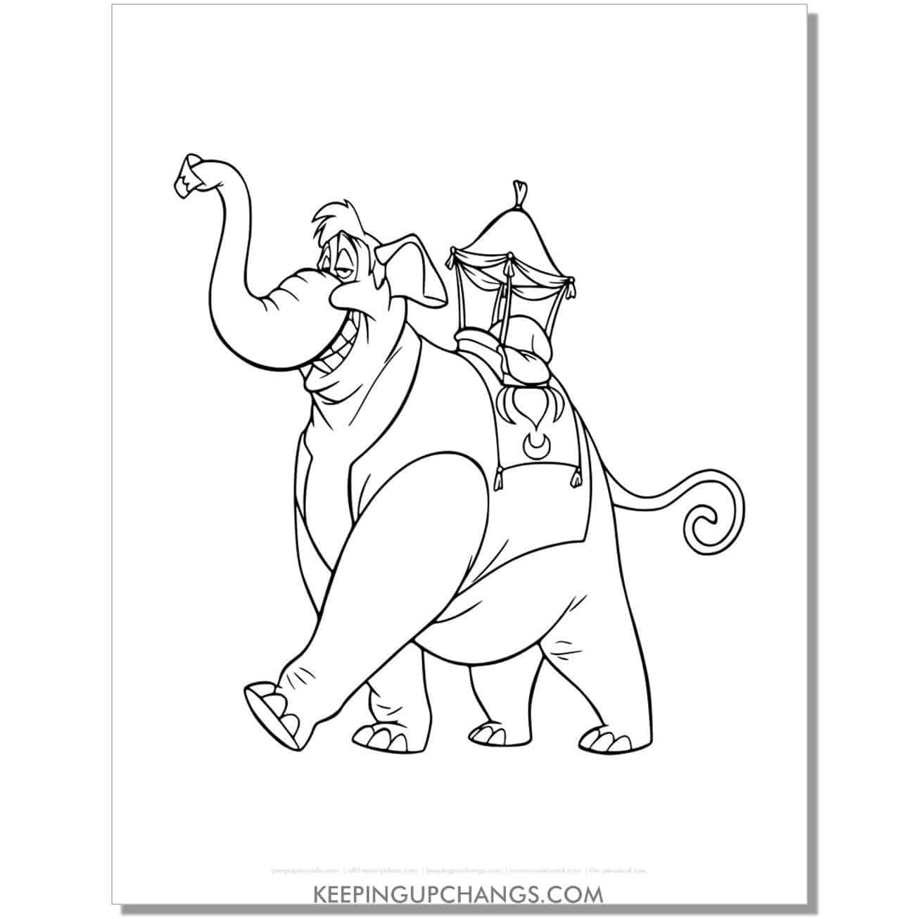 aladdin abu as elephant with seat for aladdin coloring page, sheet.