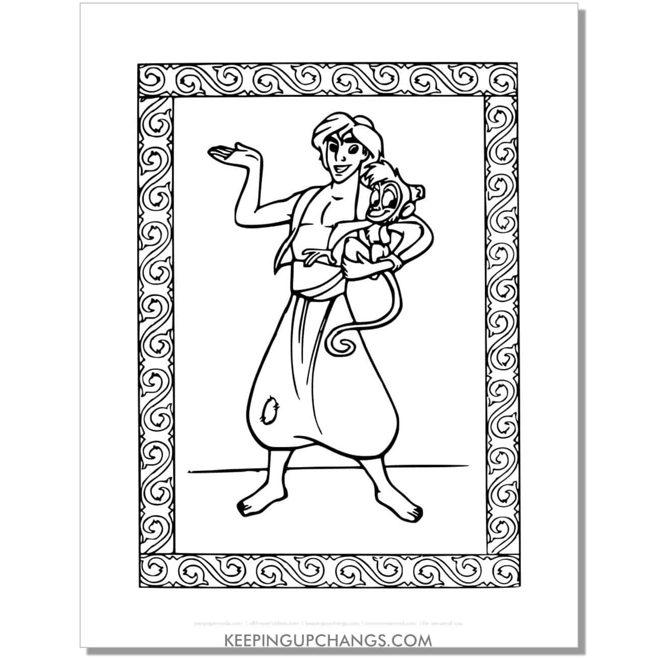 aladdin abu with fancy border coloring page, sheet.