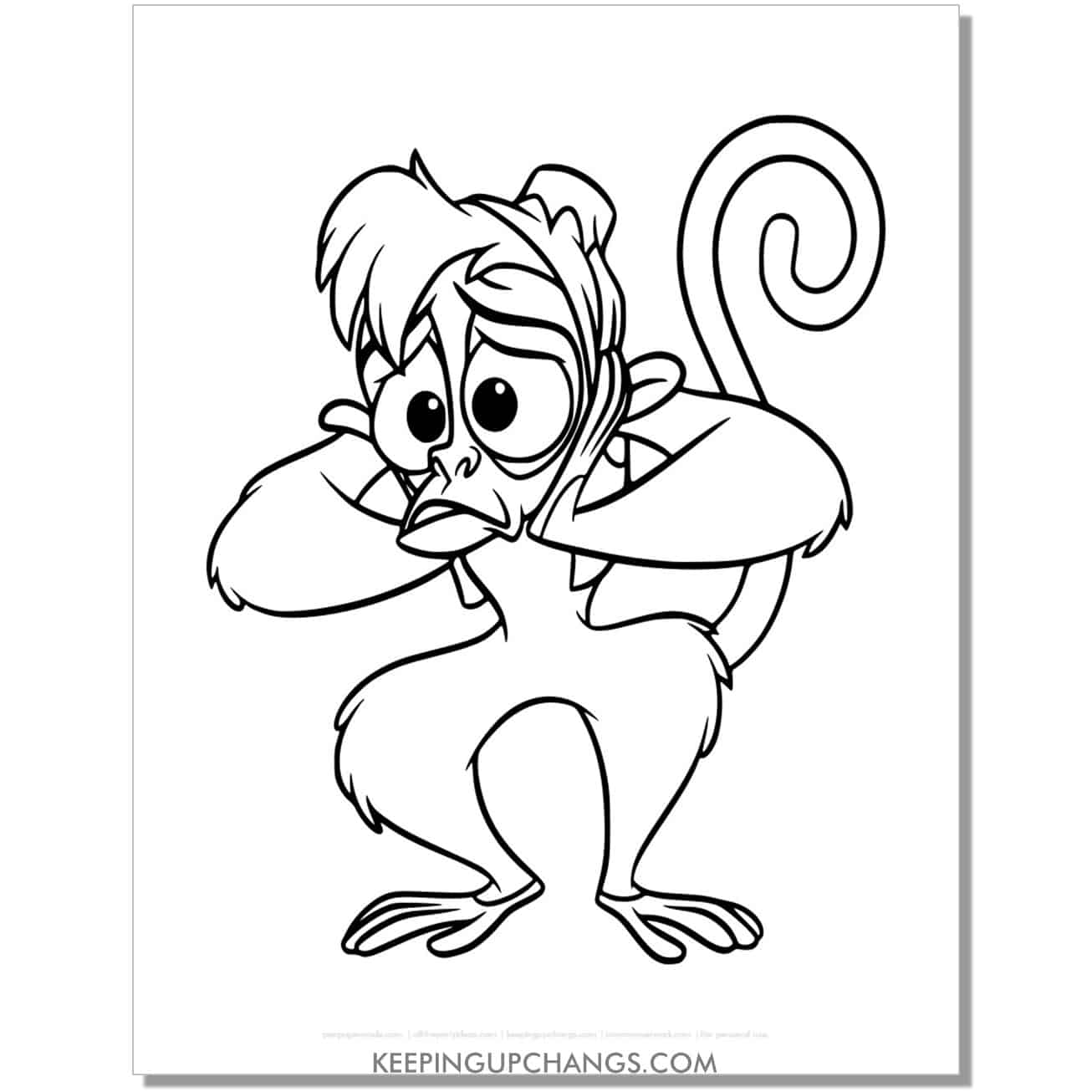 aladdin abu with concerned look coloring page, sheet.