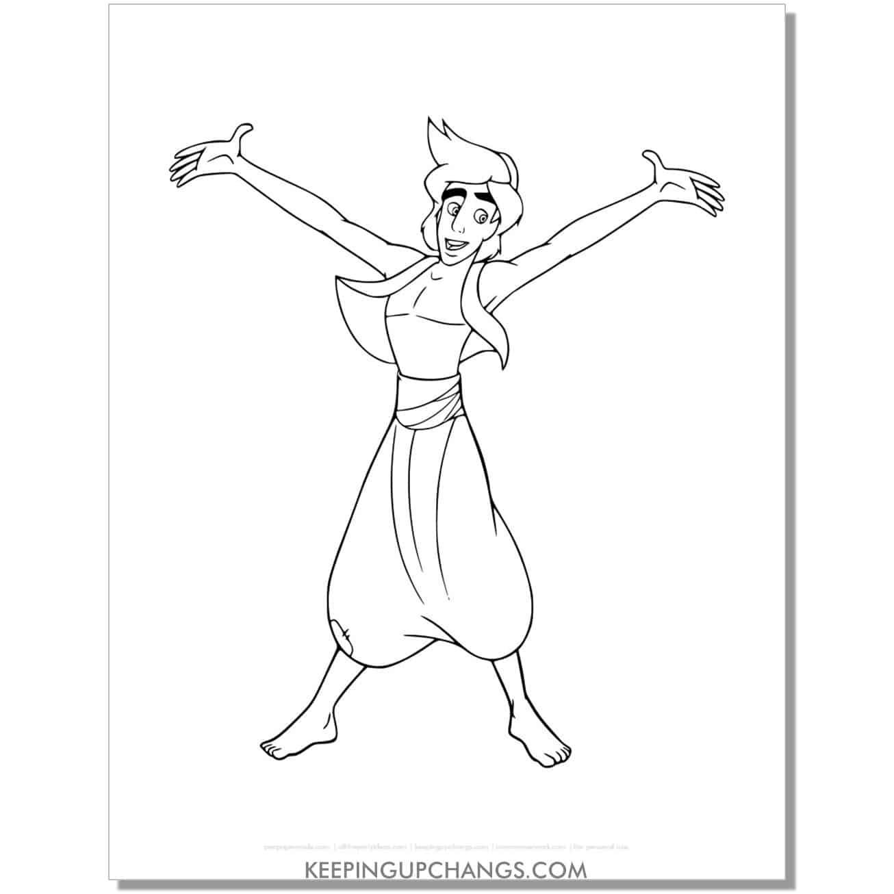 aladdin with arms above head coloring page, sheet.
