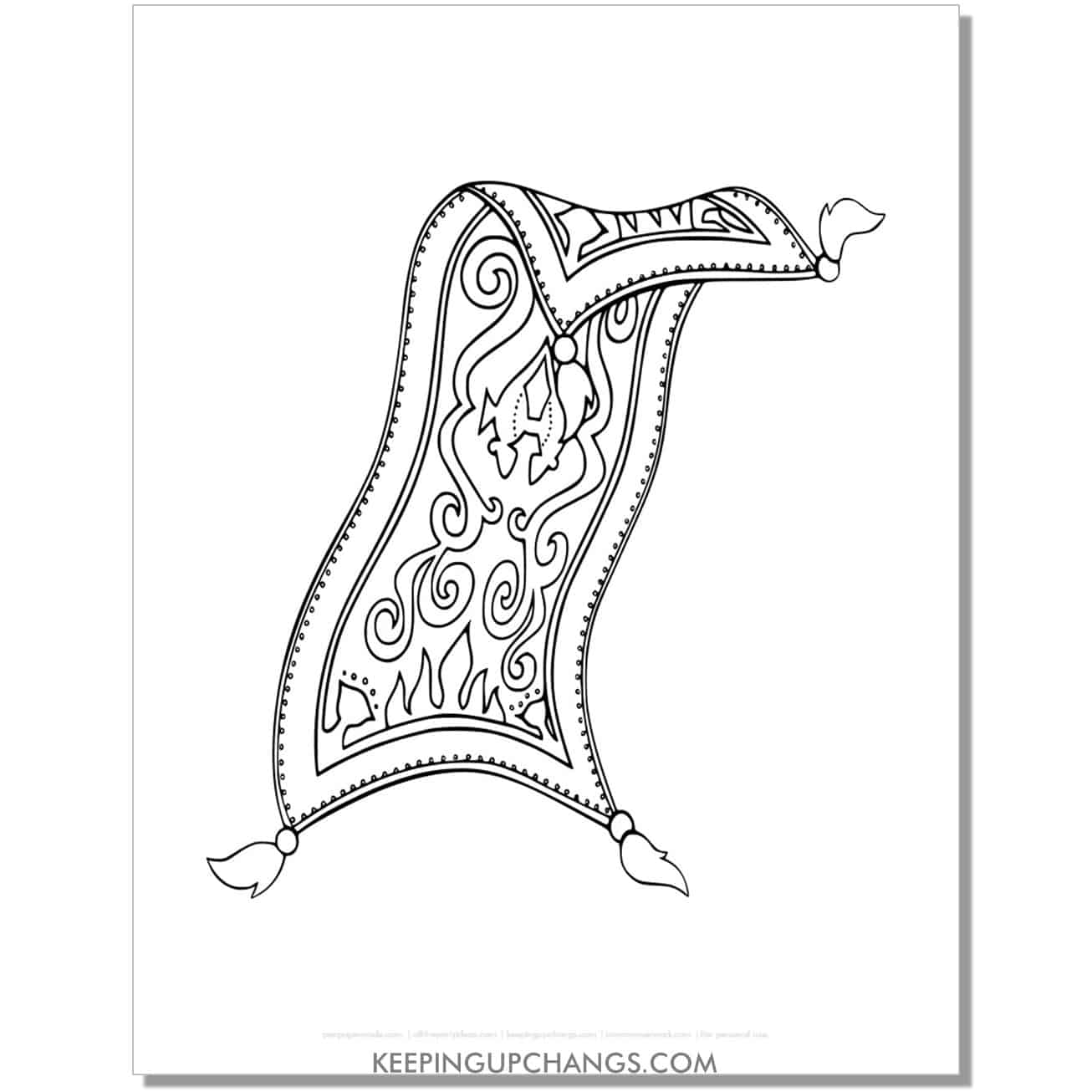 aladdin flying carpet standing coloring page, sheet.