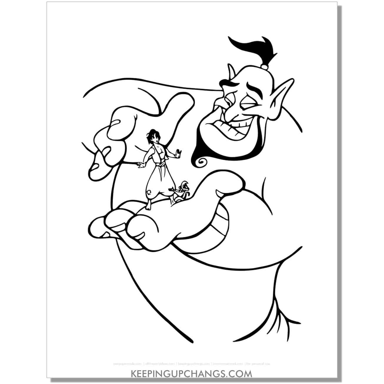 genie holding aladdin, abu in palm of hand coloring page, sheet.