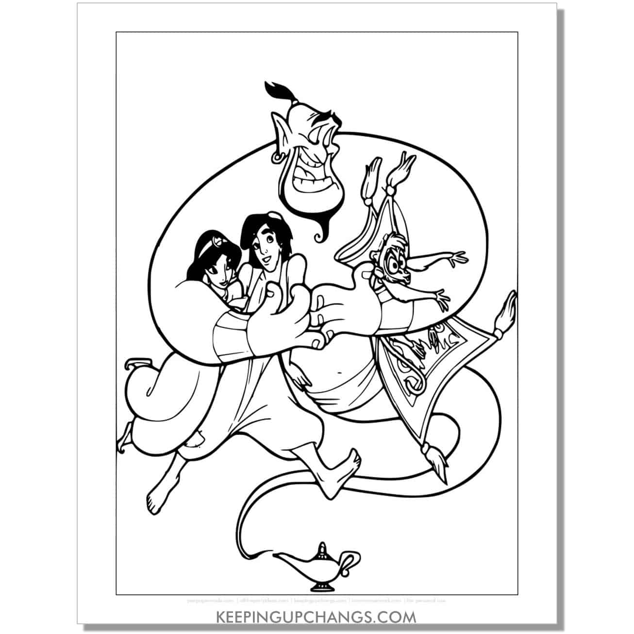 genie hugging jasmine, abu, carpet, and aladdin coloring page, sheet.