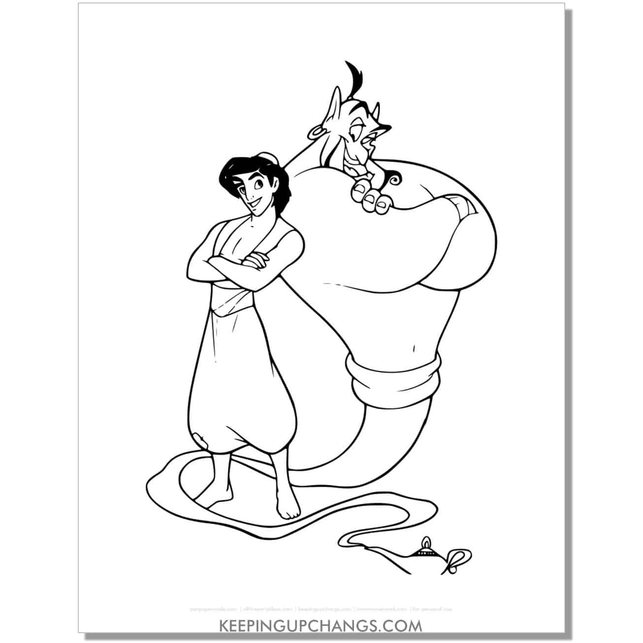 aladdin genie with backs together coloring page, sheet.