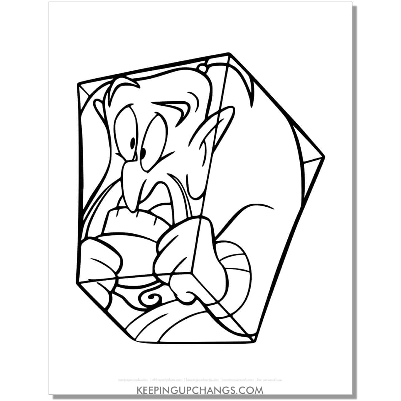 aladdin genie trapped in box coloring page, sheet.