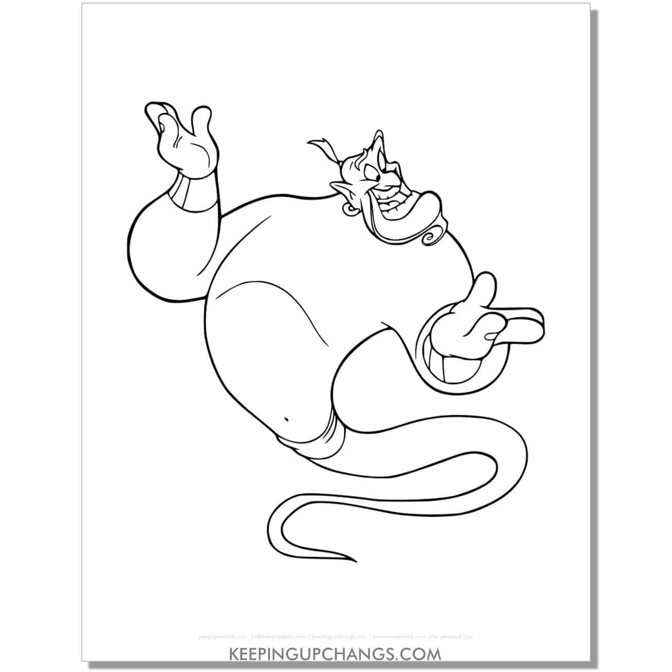 aladdin genie points hands coloring page, sheet.