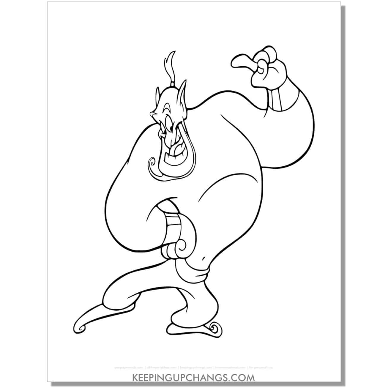 aladdin genie steps out with foot to side coloring page, sheet.