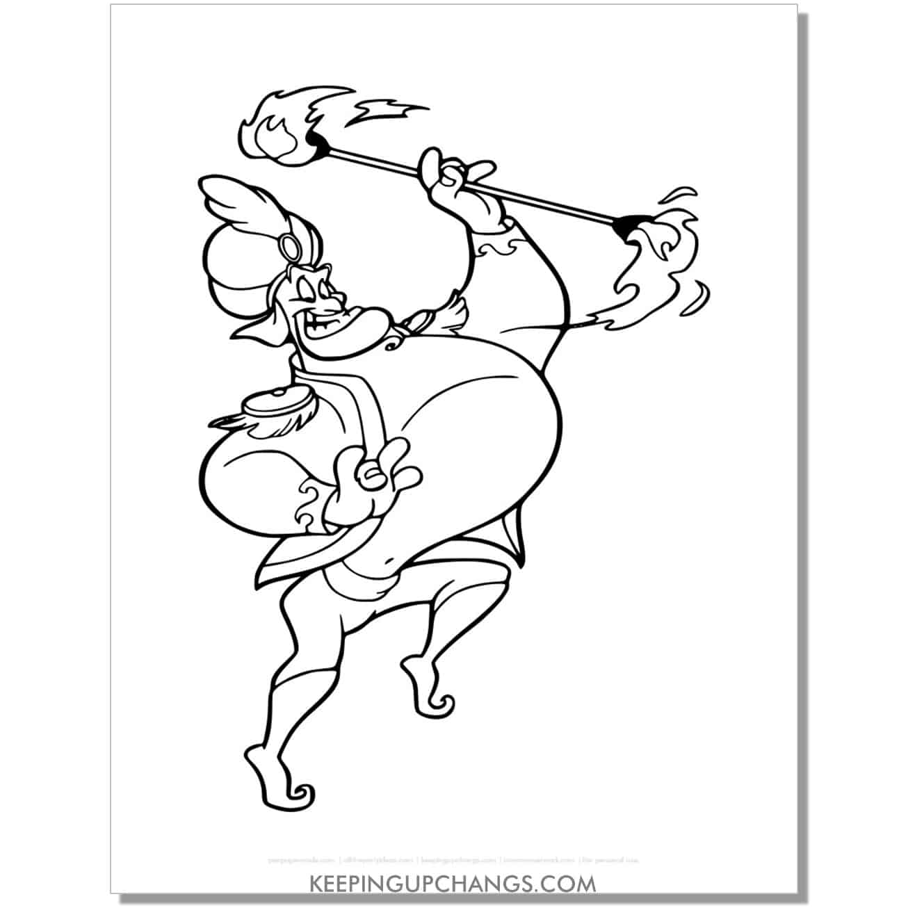aladdin genie doing fire dance coloring page, sheet.