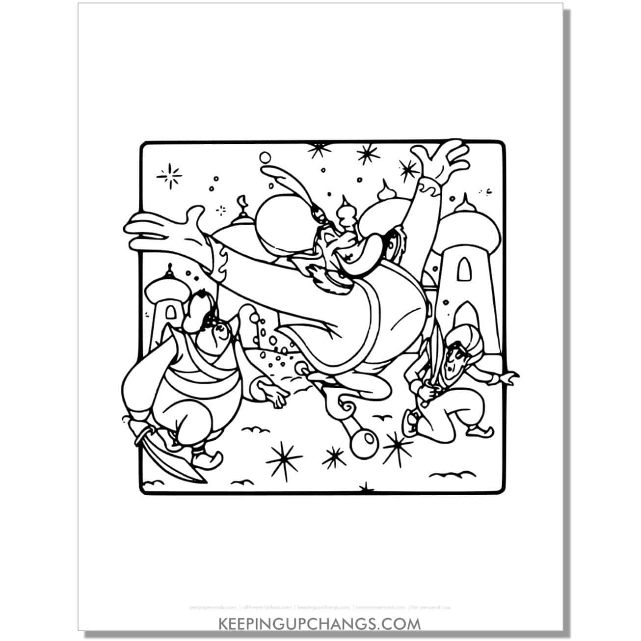 aladdin genie arrives in arabia coloring page, sheet.