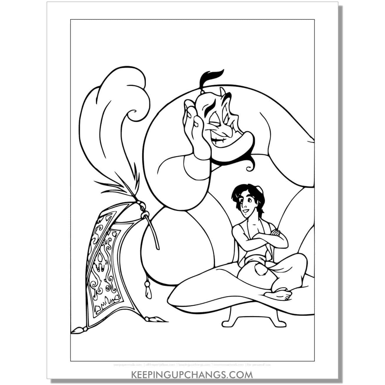 aladdin genie hanging with magic carpet coloring page, sheet.