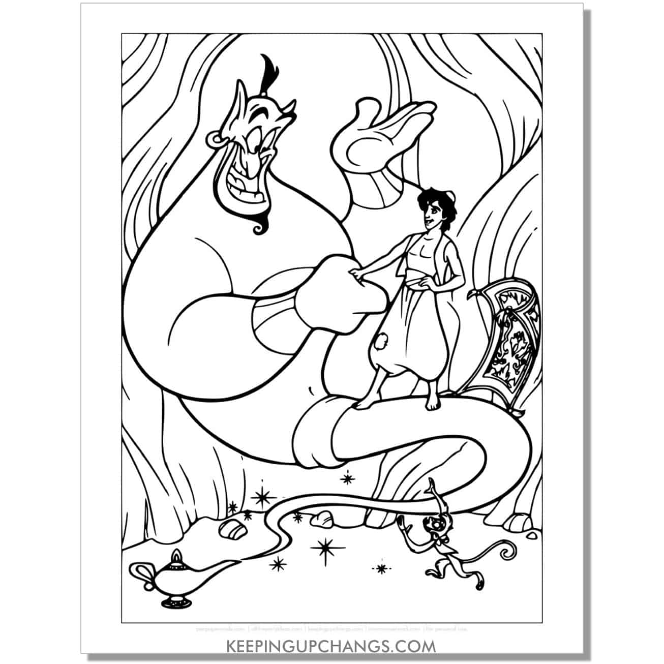 aladdin genie shaking hands coloring page, sheet.