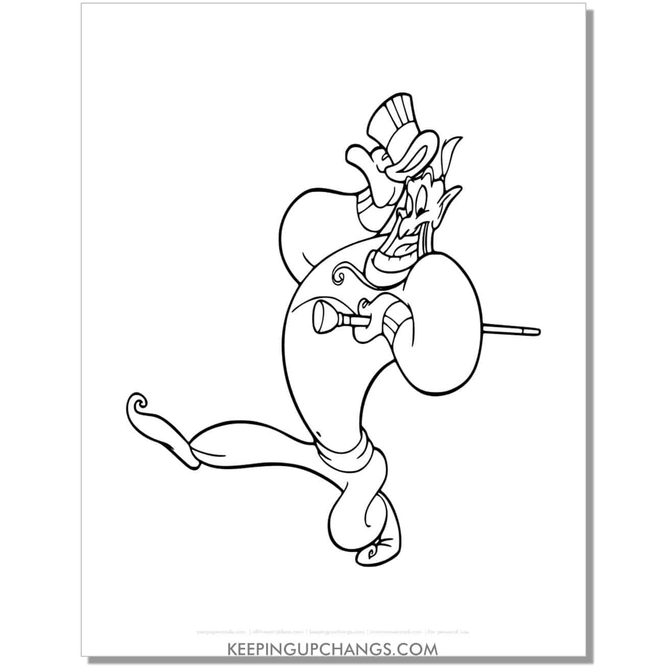aladdin genie doing dance with hat and stick coloring page, sheet.