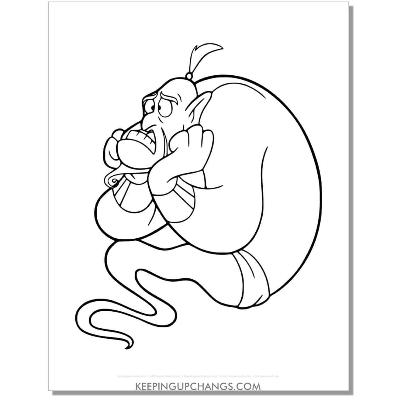 aladdin genie with look of concern coloring page, sheet.