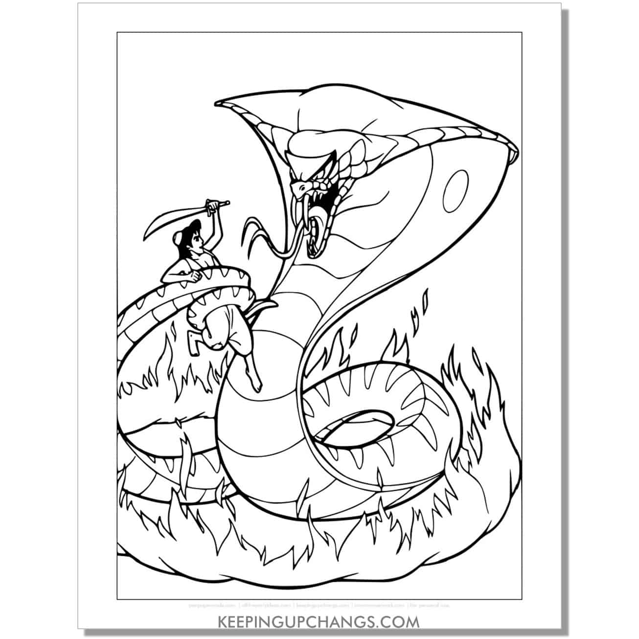 aladdin fighting jafar as evil cobra snake coloring page, sheet.