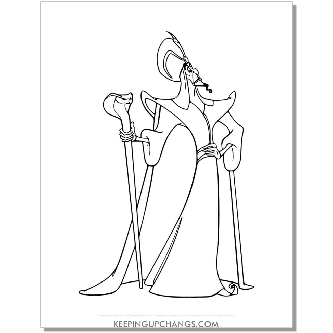aladdin jafar standing confidently coloring page, sheet.