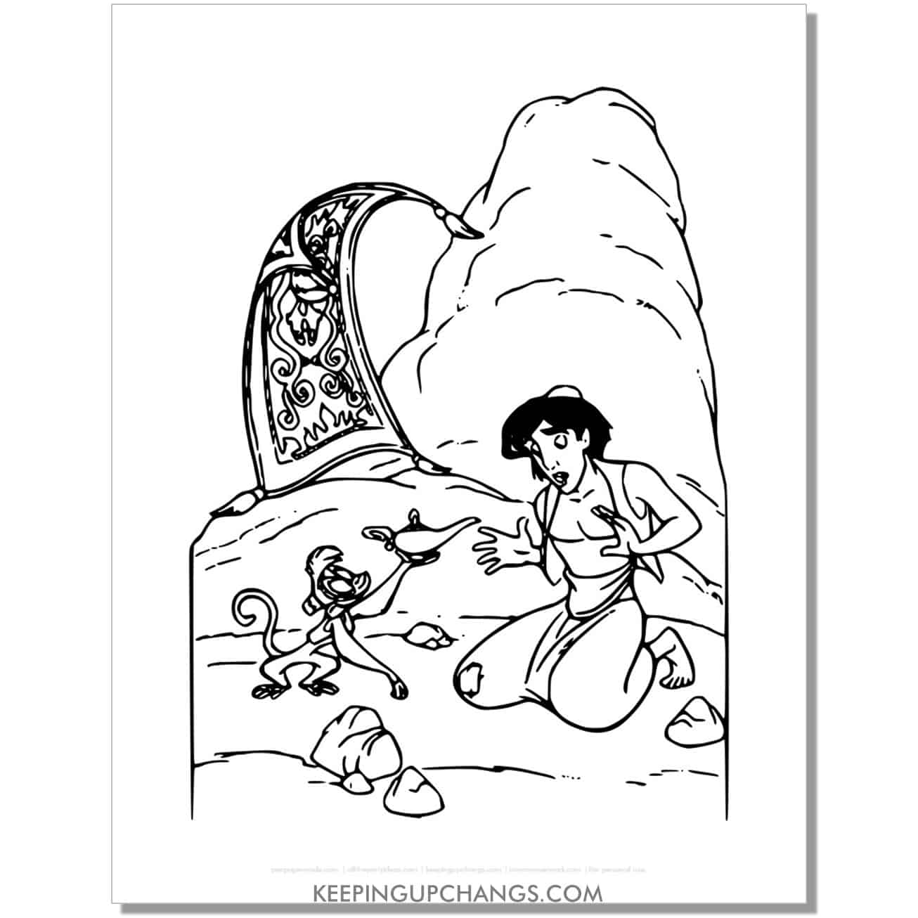 aladdin finds lamp in cave coloring page, sheet.