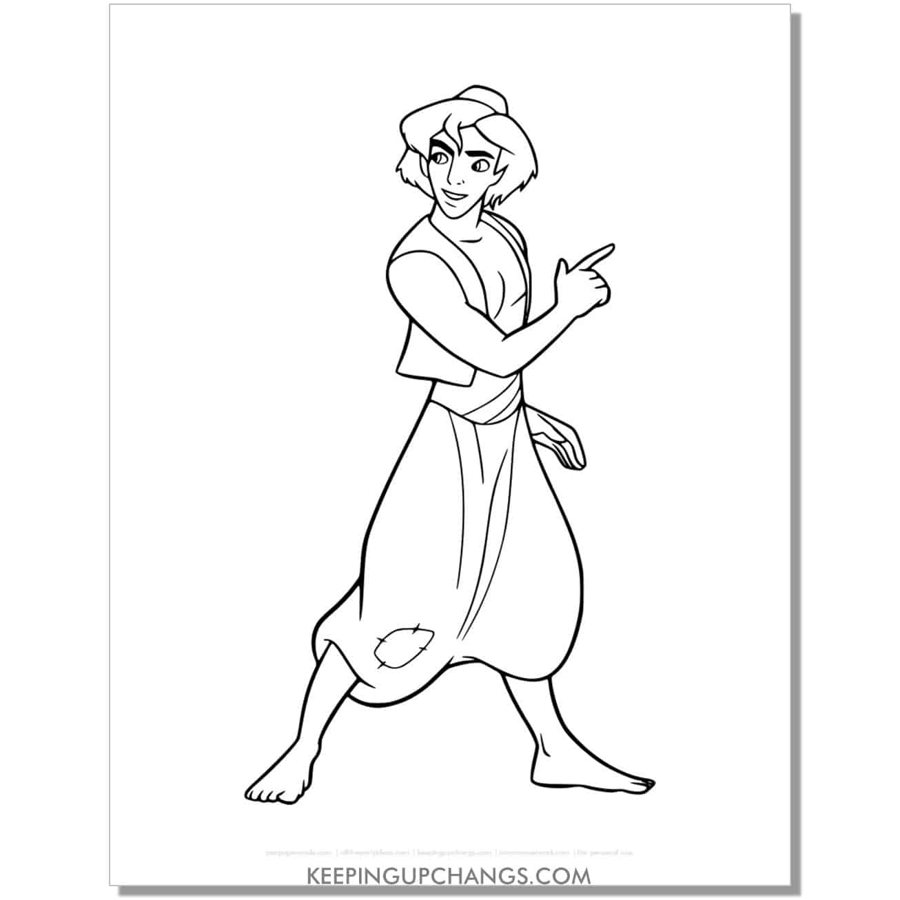 aladdin pointing finger to side coloring page, sheet.