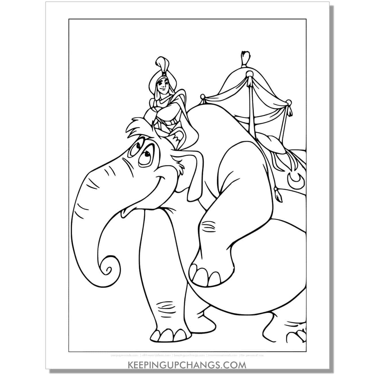 aladdin as prince ali arrives on elephant coloring page, sheet.