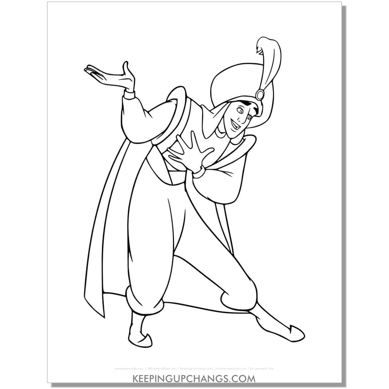 aladdin as prince ali taking a bow coloring page, sheet.