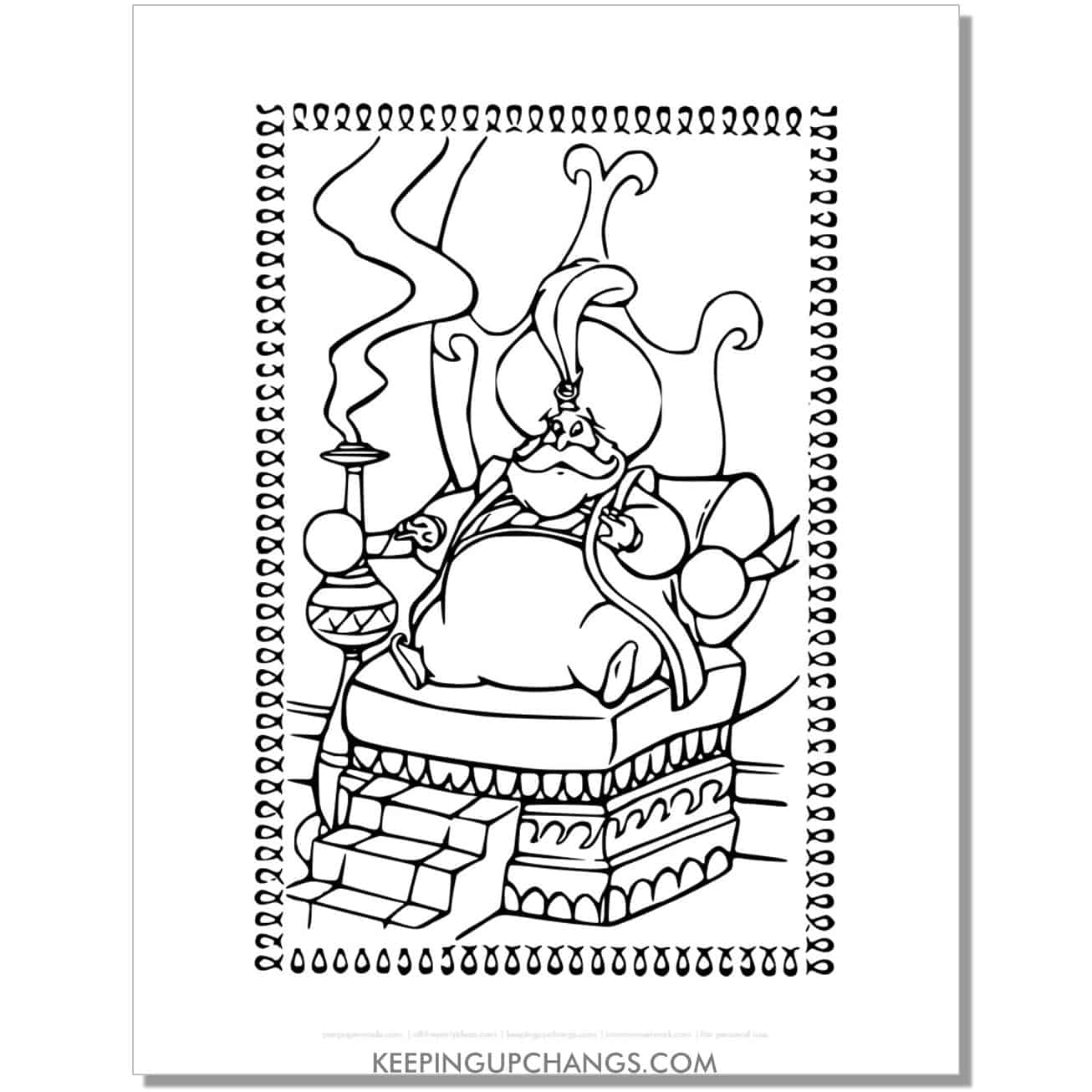 aladdin sultan on throne coloring page, sheet.