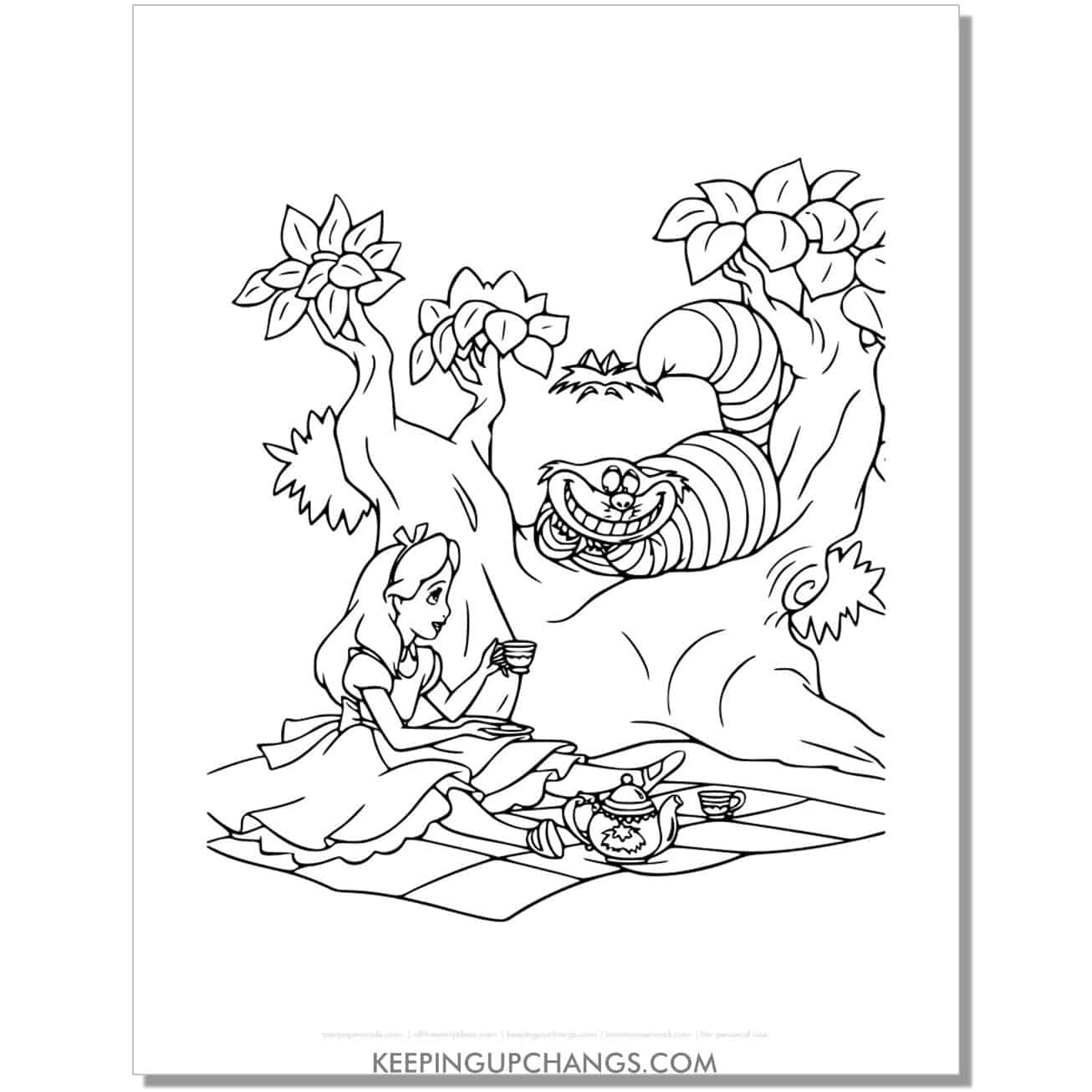 alice in wonderland having picnic with chesire cat coloring page, sheet.