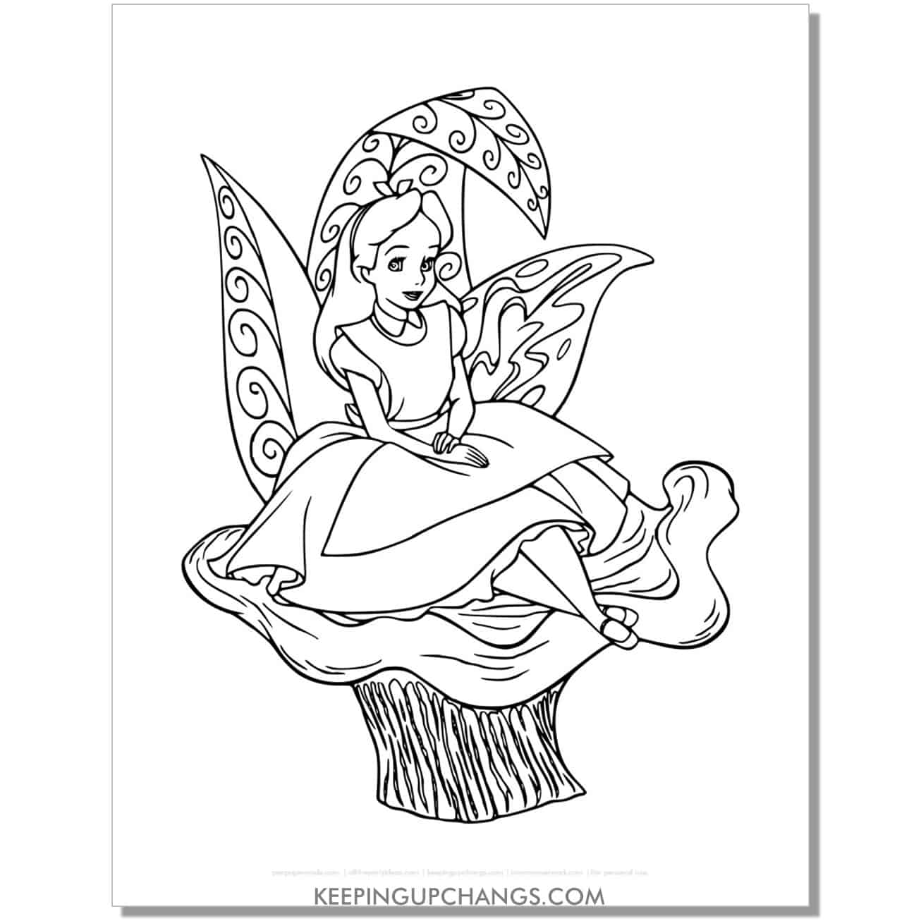 alice in wonderland sitting on leaf throne coloring page, sheet.